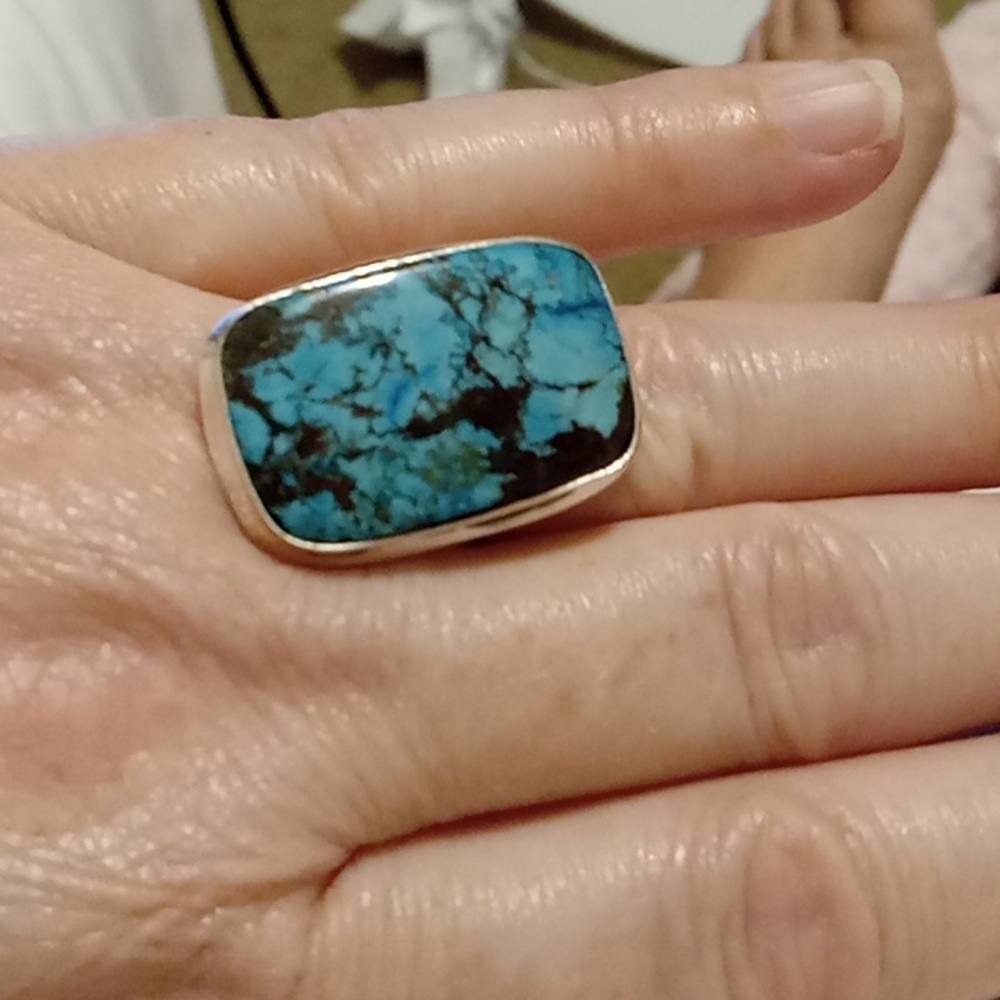 New Hand Made Blue Turquoise 925 Sterling SIlver Statement Ring Women's Jewelry
